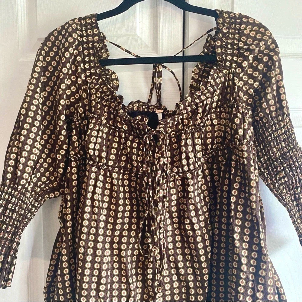 Free People Brown Geometric Print Smocked Sleeve Mini Dress Square‎ Neck SMALL